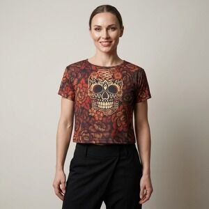 Ay Guey Mexico Sugar Skull Floral Graphic Crop Top Tee Red Orange Womens Large